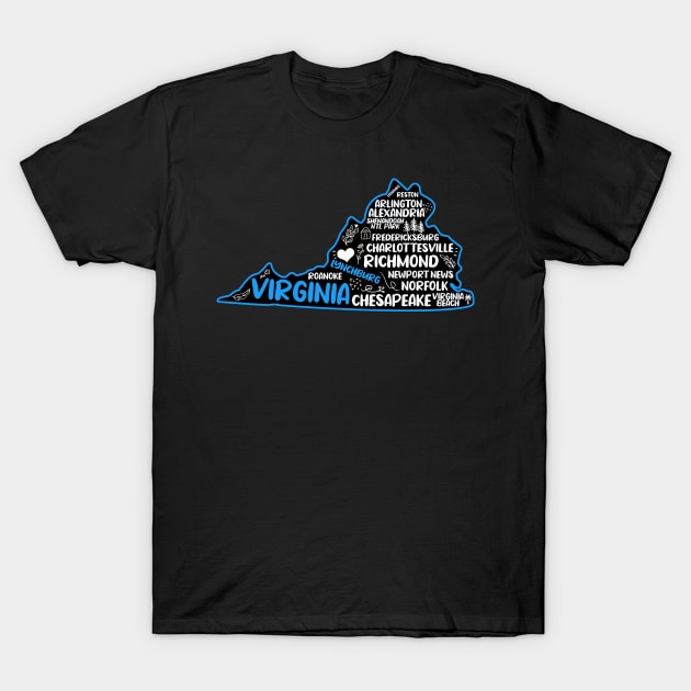 Lynchburg Virginia cute map Norfolk, Richmond, Newport News, Alexandria, Hampton, Roanoke, Suffolk, Reston T-Shirt by BoogieCreates